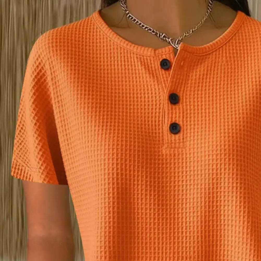 

Women Tops Crew Neck Buttons Half Placket Short Sleeves Casual Tops Pure Color Loose Fit Waffle Texture Summer T-shirt Regular F