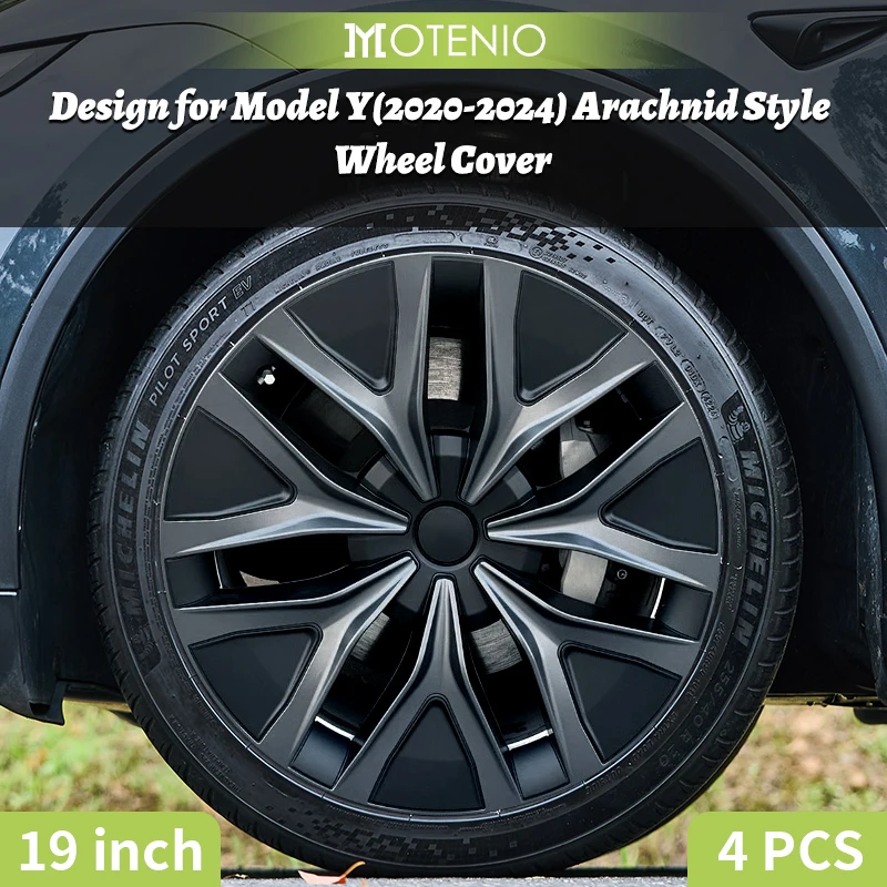 4 Stück Radkappen für Model Y 2020-2024 19 Zoll Arachnid-Style Grau-Schwarz Radabdeckung Ersatz-Radkappe Design für Tesla