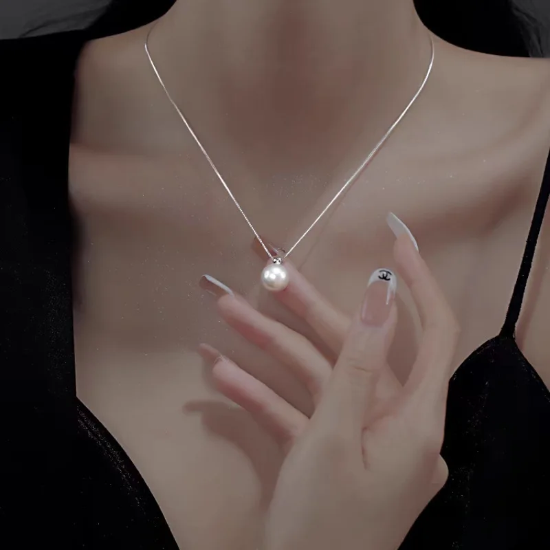 925 Sterling Silver 8mm Pearl Necklace Elegant Collarbone Chain High-end Pearl Pendant Necklace Exquisite Accessory Jewelry