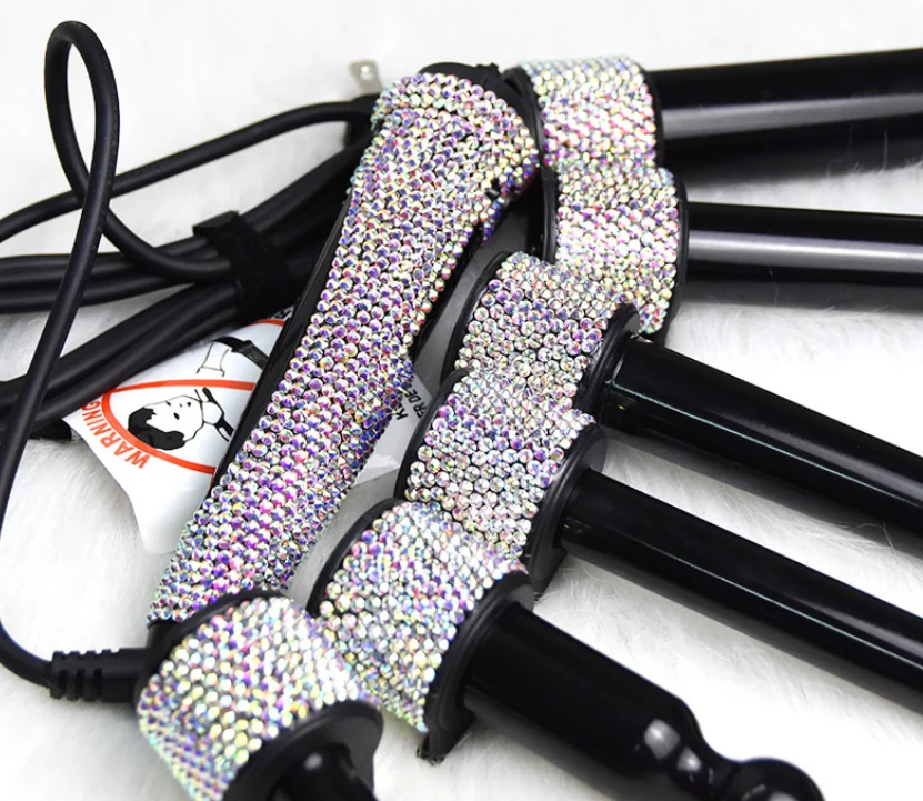 Wholesale  bling crystal rhinestone decoration fairy 6 in 1magic hair rechargeable curling curler wand iron