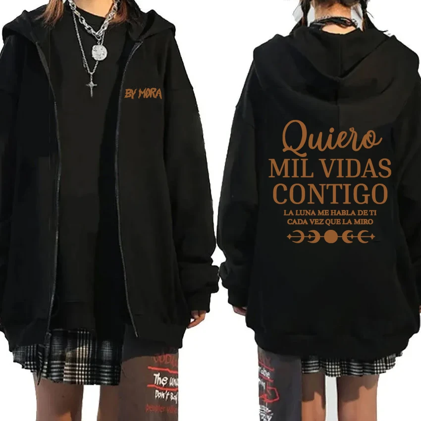 

Hot Rapper Mora Quierc Mil Vidas Contigo Letter Double Sided Print Zipper Coat Unisex vintage Fleece Hoodie Men women Sweatshirt