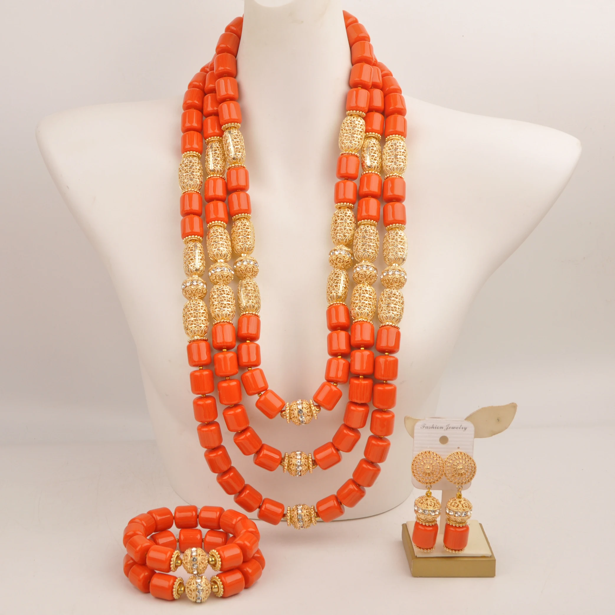 Nigerian Bride Wedding Jewelry Orange Artificial Coral Bead African Necklace