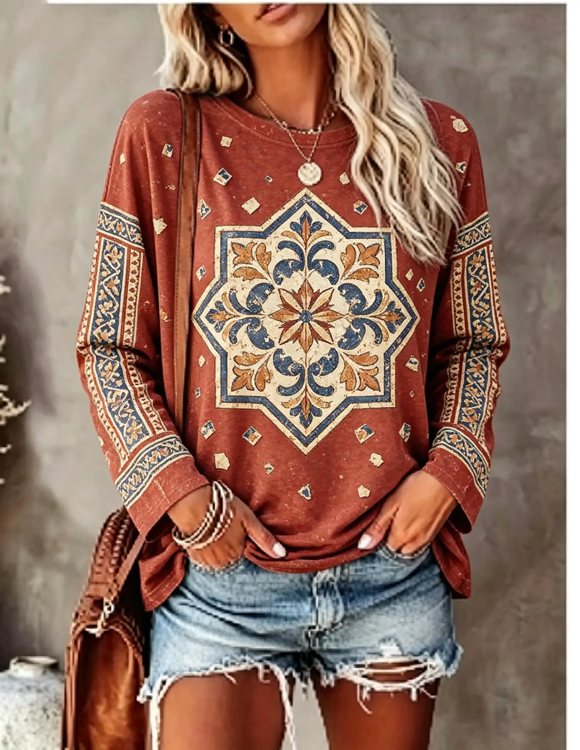 Women Long Sleeve T‑Shirt Vintage Mandala Ethnic Geometric Floral Bohemian Print Crew Neck Fall Casual Tops