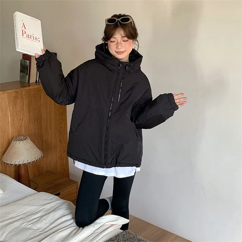 

2025 Popular New Autumn Winter Short Cotton Padded Thick Hooded Jacket Women's Black Loose Short Parka Coats Student Outwear Top
