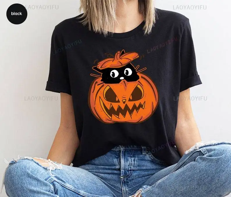 Funny Cat Halloween Woman Graphic T Shirts Spooky Season Gifts Funny Pumpkin Face All Saints' Day Orange Cotton T-Shirt Man Tops