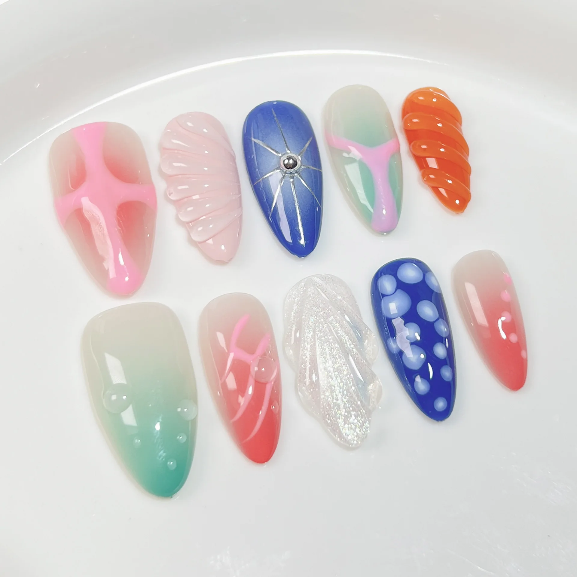 Hot Selling 3D Almond Press on Nails Colorful French Handmade Acrylic Press on Nails Blush Design Artificial Fingernails