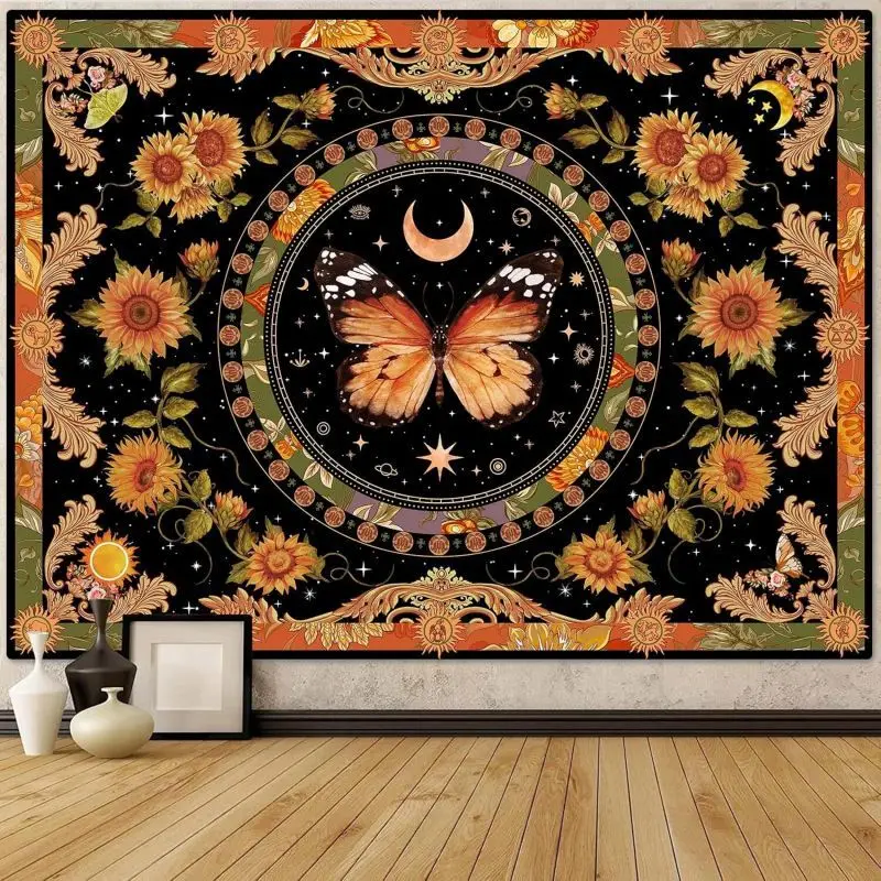 VIKAMA Monarch Butterfly Tapestry Boho Sunflower Crescent Moon Starry Night Wall Hanging Dark Botanical Wall Decor Dorm