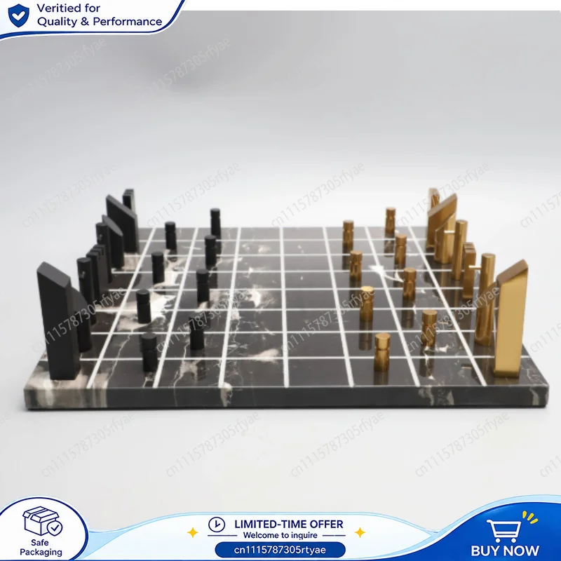 Marble Chess Board Decor Geometric Tabletop Ornament With Metal Chess Pieces Luxury Home Living Room Display Decoration