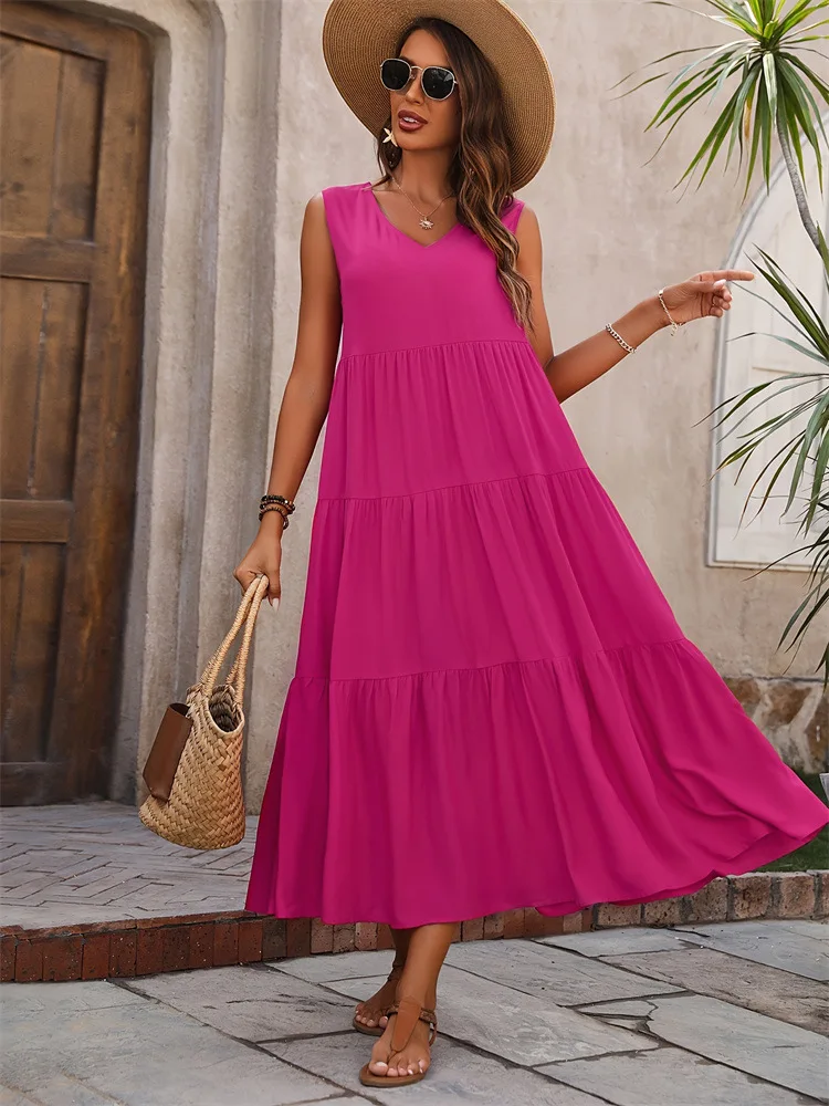 Loose Sleeveless Boho Dress 2024 V Neck Large Swing Solid Color Dress Tiered Ruffle Layer Summer Vest Dresses Long Vestidos