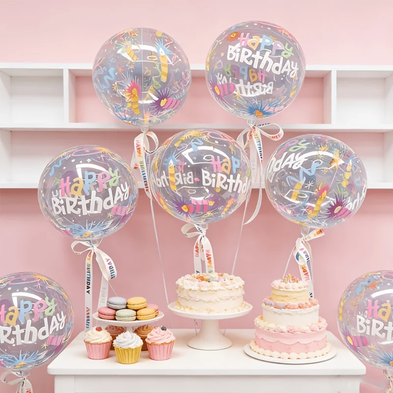 5/10 Bunte Happy Birthday Bobo-Ballons, klare, runde, transparente Bubble-Ballons in verschiedenen Farben für Hochzeits- und Geburtstagsfeier-Dekoration – Detail 3