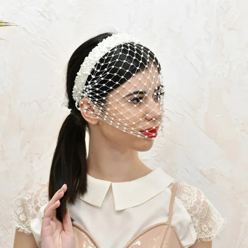 Birdcage Veil White Full Pearl Shiny Rhinestones French Veil Netting Headpiece Elegant Bridal Headband Veil for Face Fascinators