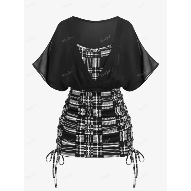 Rosegal plus size women's tops semi-sheer batwing sleeves plaid tee new fashion cinched ruched colorblock T-shirt nx9054