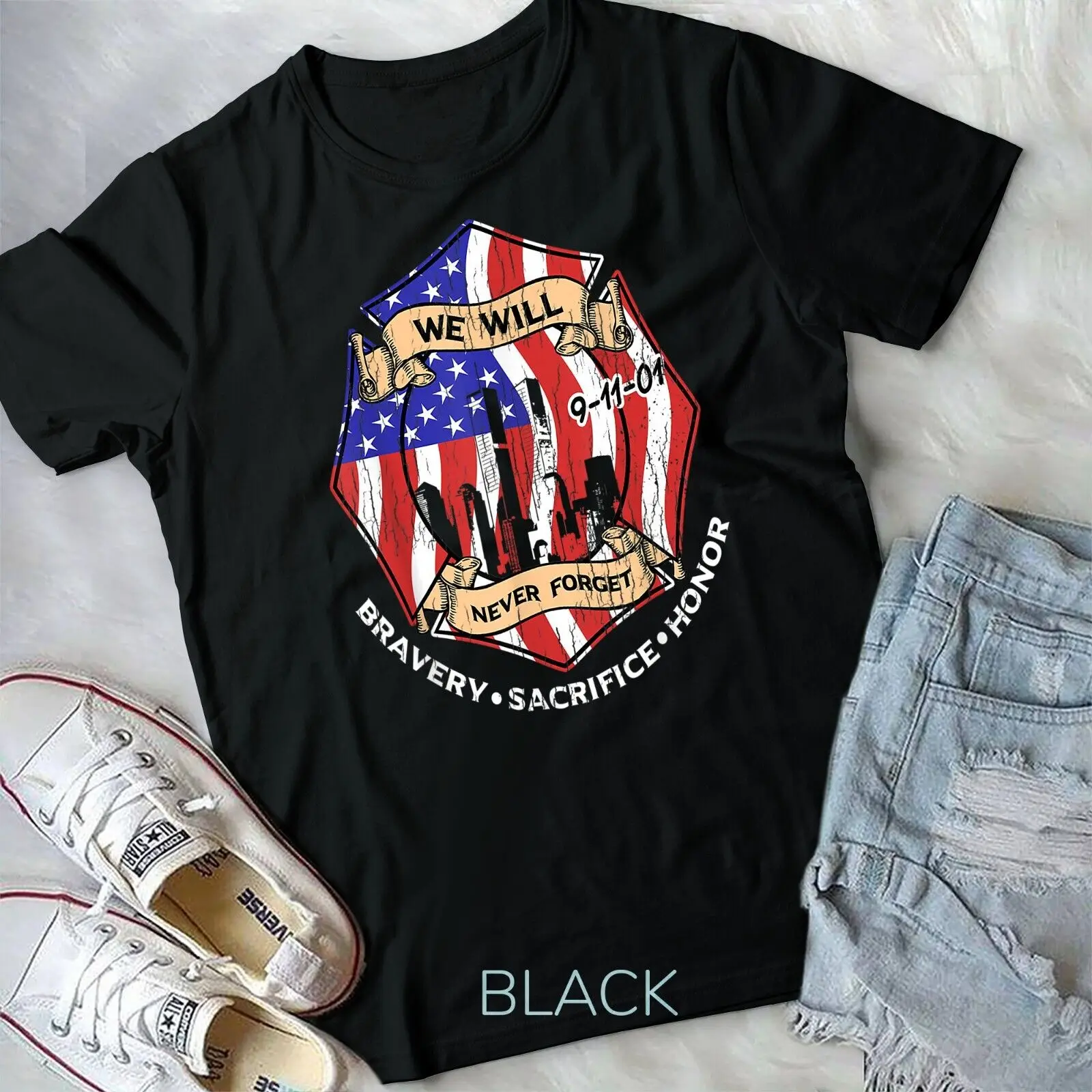 

We Will Never Forget 9-11-01 Bravery Sacrifice Honor T-Shirt Unisex T-shirt