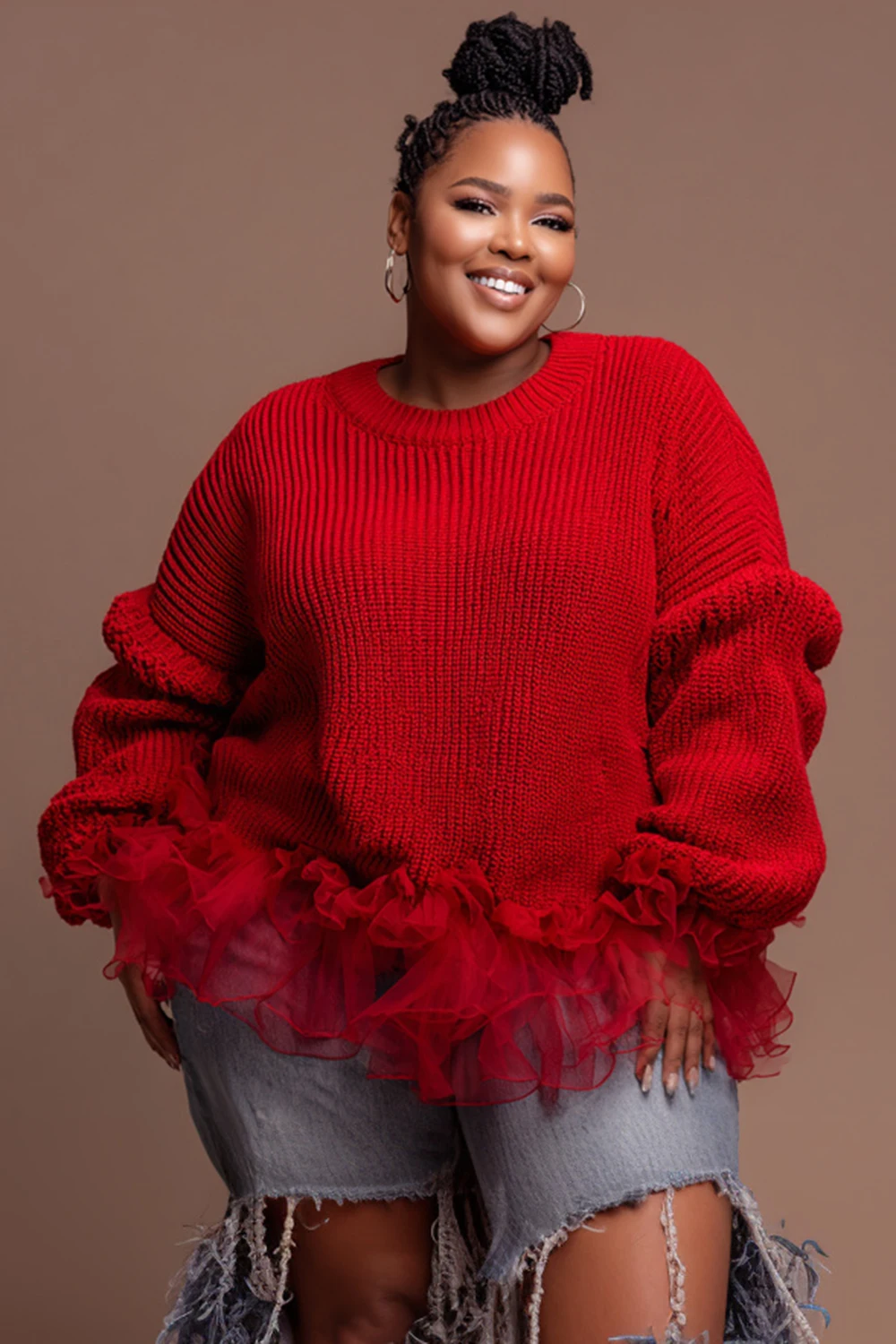 Plus Size Christmas Red Round Neck Long Sleeve Ruffle Casual Contrast Crochet Sweaters