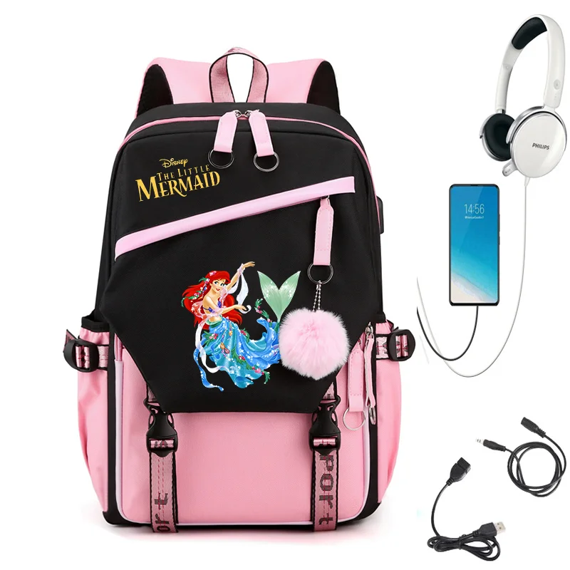 

MINISO The Little Mermaid Backpack for Girls Boys Teenager Rucksack Men Women Casual School Bags USB Charging Backpacks