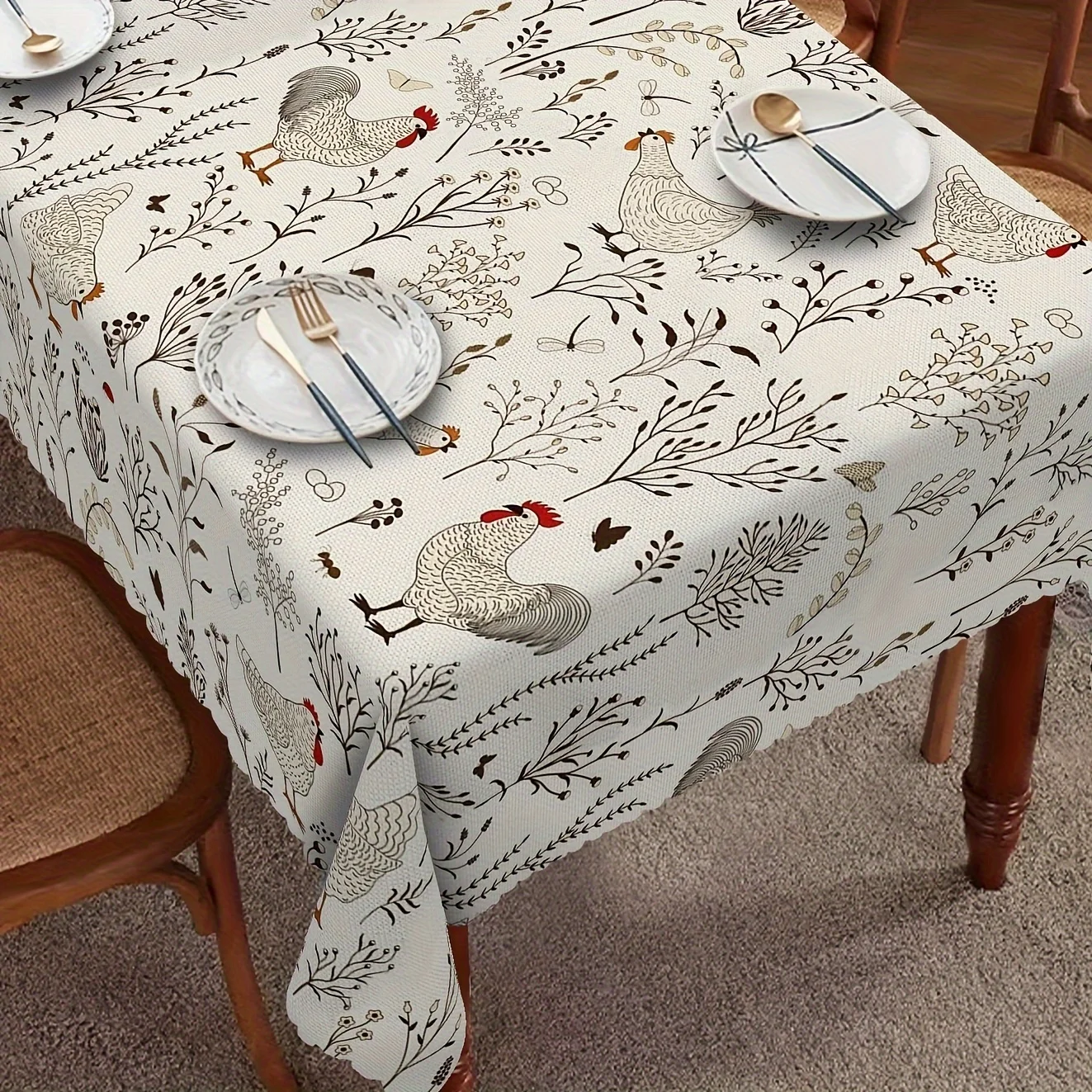 1 piece, farmhouse-style chicken tablecloth, round tablecloth with farm-themed pictures of roosters and henszyc