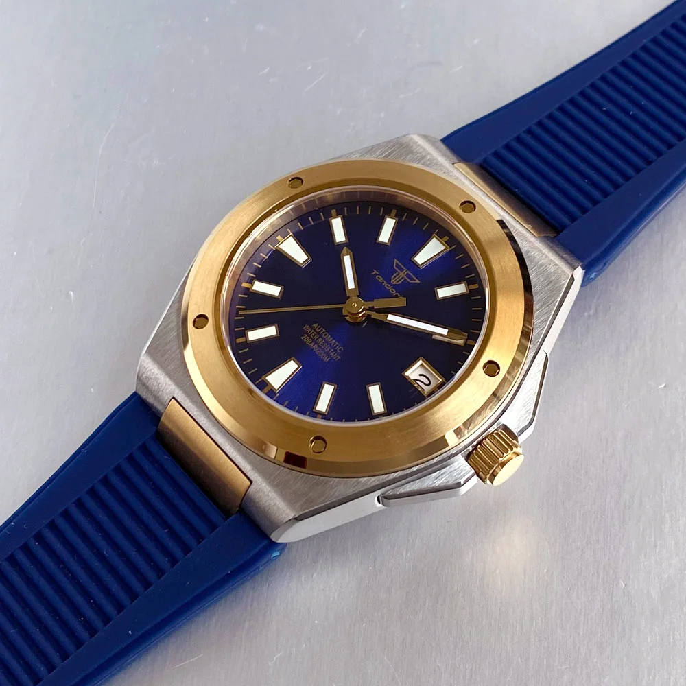 ساعة Tandorio 40 ملم مطلية بالذهب باللون الأزرق الميكانيكية NH35 للرجال ساعة غوص أوتوماتيكية 316L تاريخ Lume معقمة بمفتاح منخفض وطراز فاخر