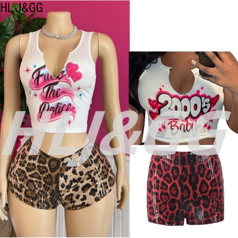 HLJ&GG Y2K Sexy Letter Printing Tank Top Two Piece Sets Women U Neck Sleeveless Slim Crop Top And Sequin Leopard Shorts  Outfits