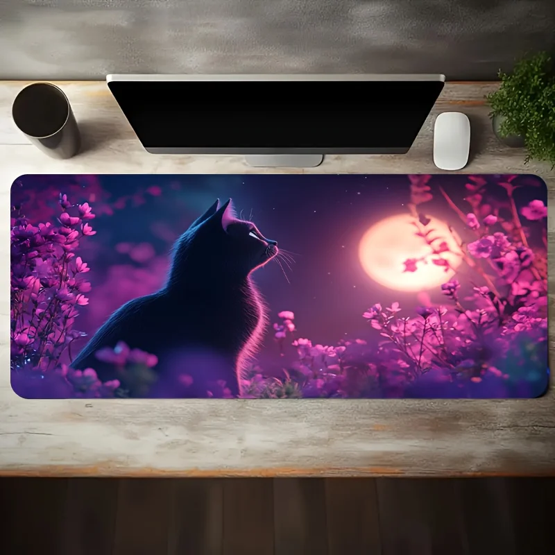 CIFBUY Large Gaming Mouse Pad Black Moon Purple Flowers Non-slip Washable Rubber Base Oversized Desk Mat Office Computer Decor