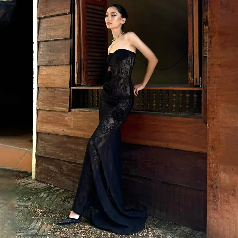 فستان دانتيل مثير بقصة ضيقة لفصل الربيع والصيف، بدون حمالات، تنورة طويلة زائدة زهور ثلاثية الأبعاد