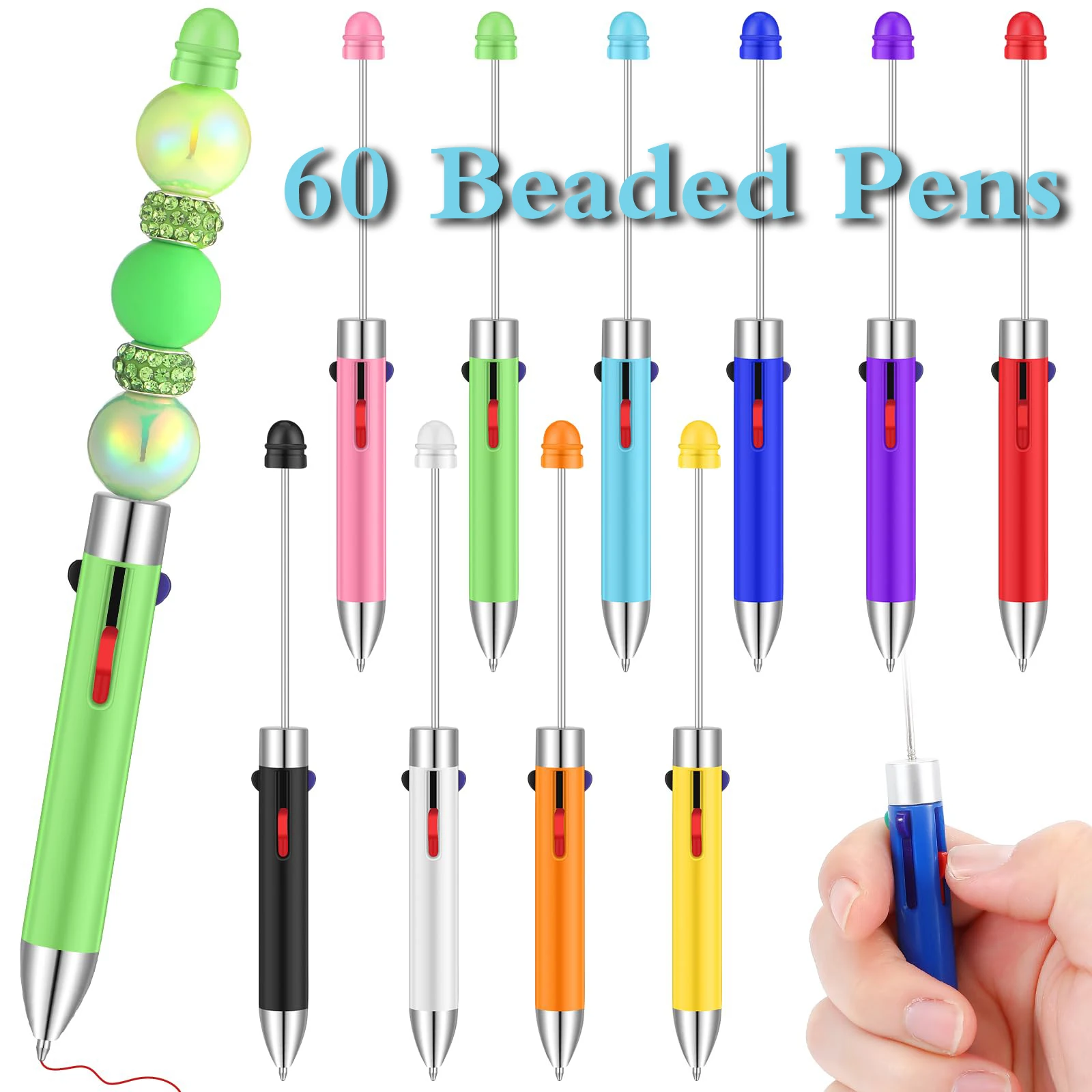 60pcs New 4-color Refill Beaded Ballpoint Pen DIY Beadable Pens Student Stationery Plastic Gift Pen School Office Pen Supplies