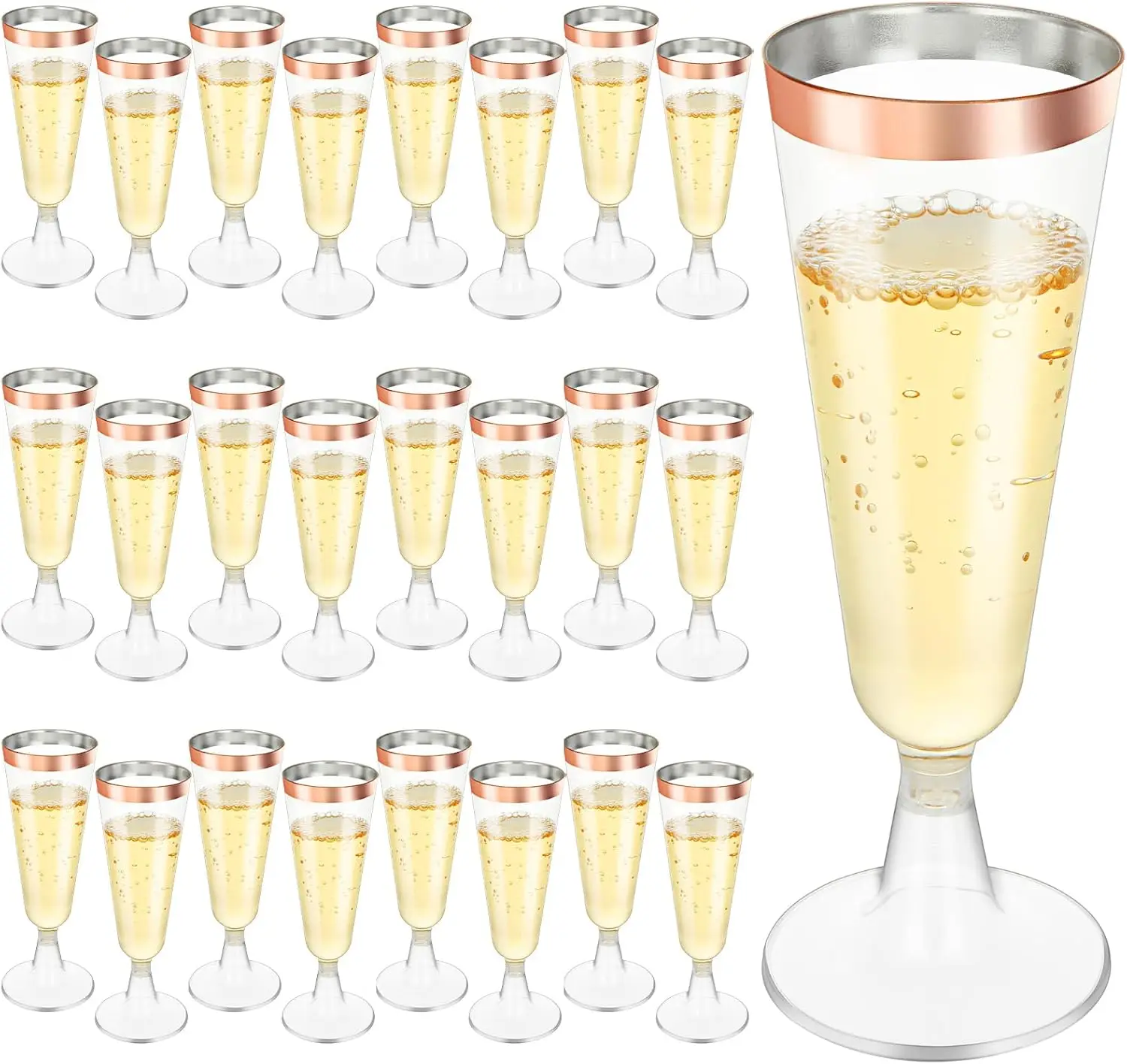 

100Pcs Rose Gold Rimmed Plastic Champagne Flutes, 5.5Oz Clear Disposable Glasses for Wedding Party Supplies
