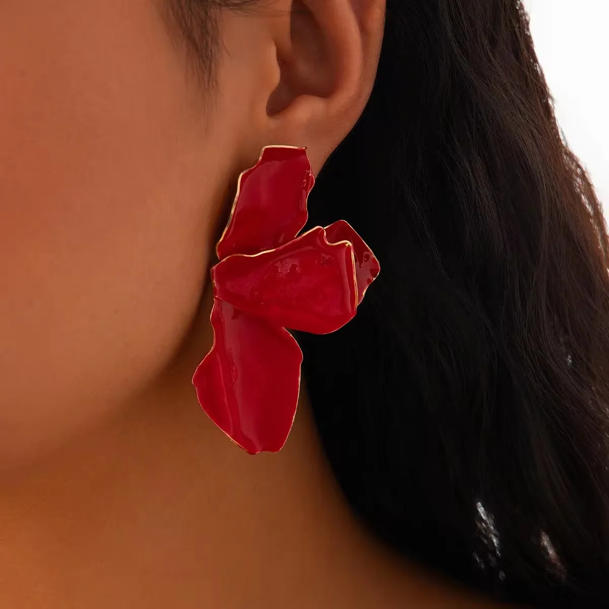 SHIXIN Elegant Colorful Half Flower Large Stud Earrings for Women Luxury Dripping Oil Petals Piercing Earrings Wed Party Jewelry