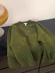 Retro Green Knitted Cardigan Women's New Autumn/Winter Round Neck Single Breasted Soft Thick Sweater Loose Casual Commuting Coat