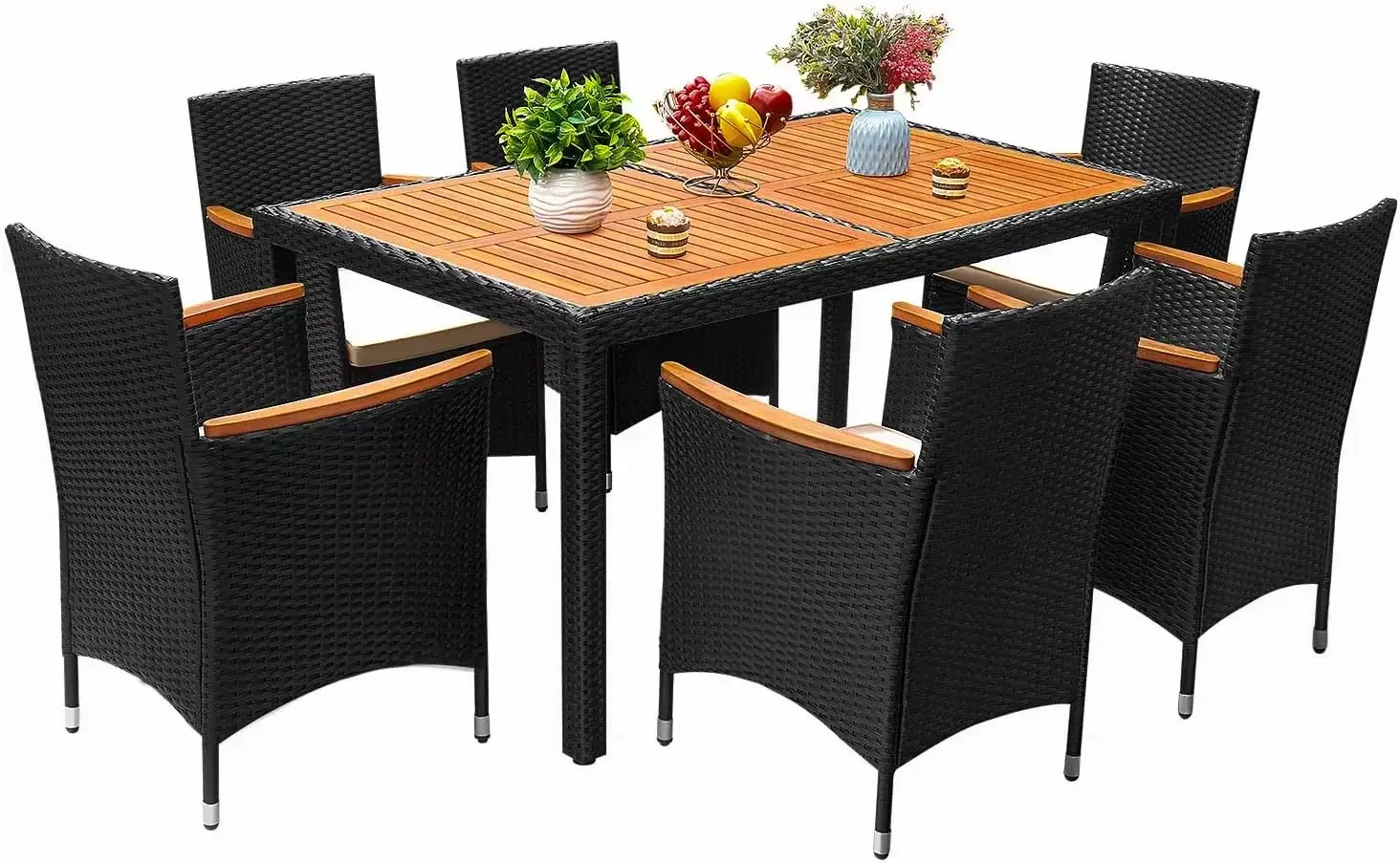 

7Pcs Patio Dining Set Outdoor Acacia Wood Table and Chairs with Soft Cushions Wicker Patio Furniture for Deck, Backyard, Garden