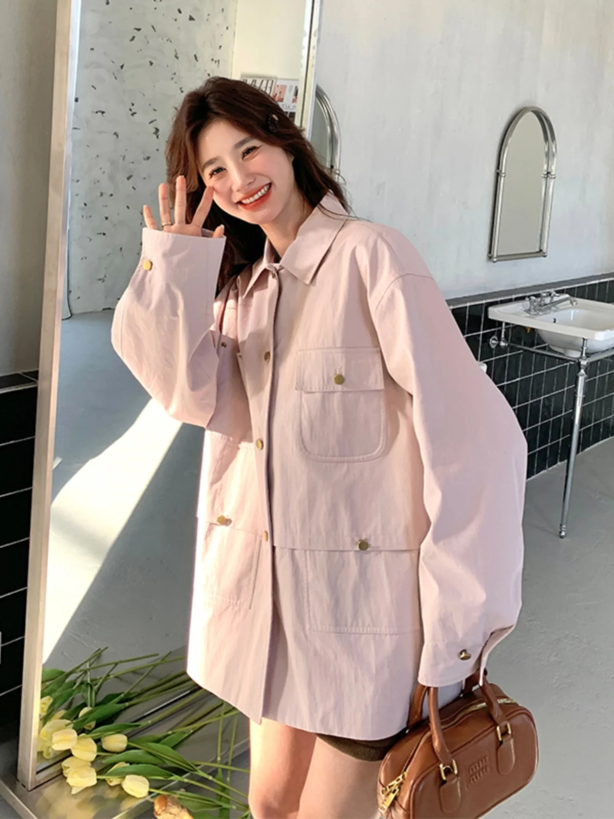 ファイオナブル ルーズ オルト ワークウェア ジャケット レディース 春秋 カジュアル 多用途 ジャケット 小さいサイズ 着痩せ効果 新作 2025