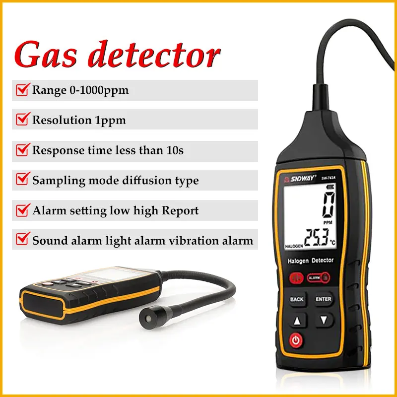 Halogen Gas Detector 0-1000PPM SW-743A LCD Backlight Waterproof Multiple Halogen Detector Air Conditioning Refrigeration