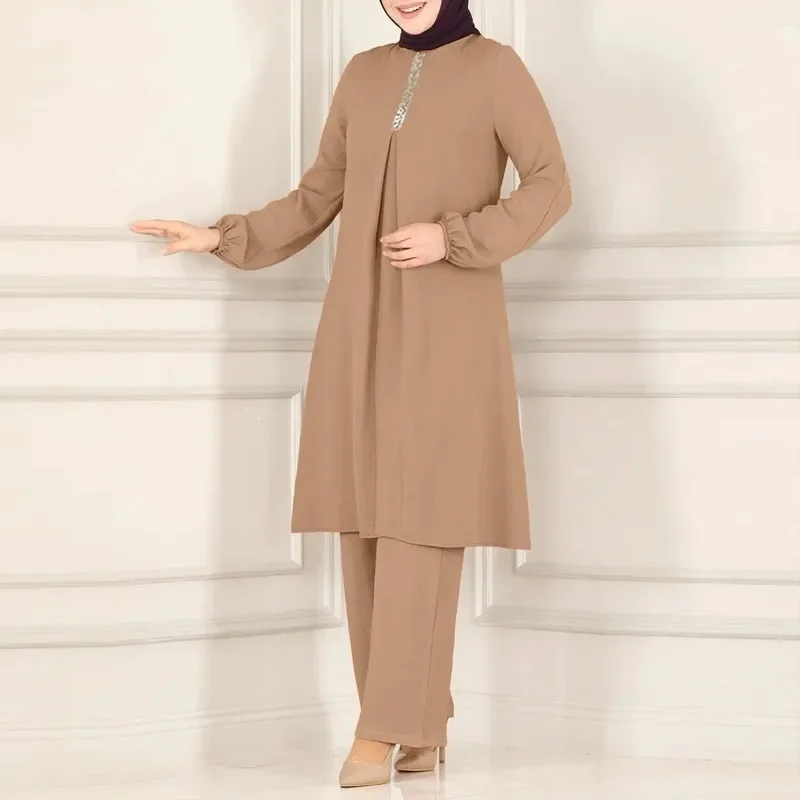 

New Fashion Solid Color Elegant Muslim Fashion Spring Autumn Long-sleeved Shirt & Loose Wide-leg Pants Set