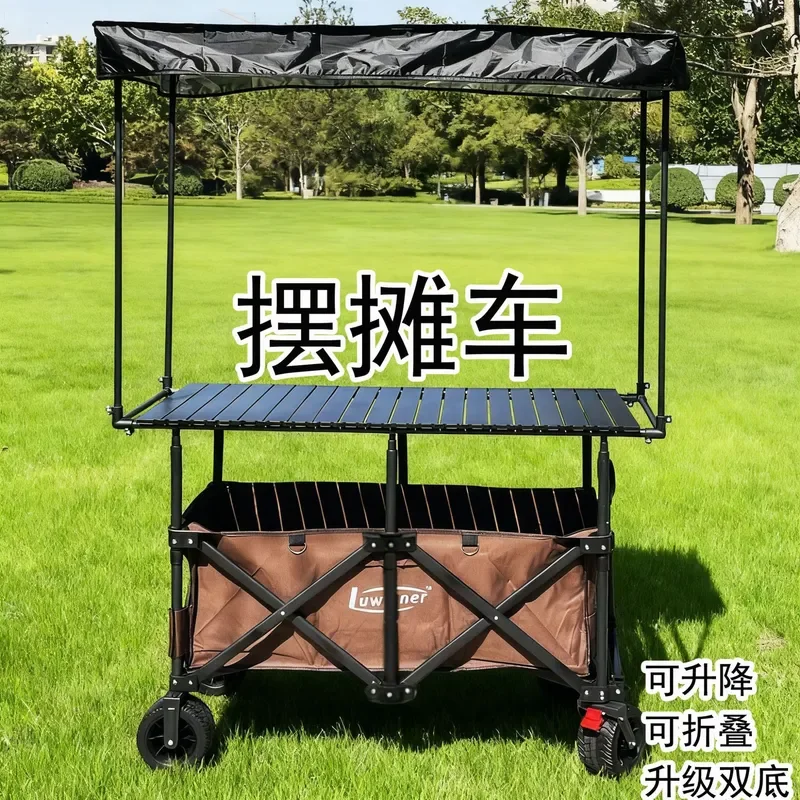 Folding Stall Cart Hand Pulled Trolley for Camping Market Vendor with Adjustable Lifting Table Board Umbrella Stand