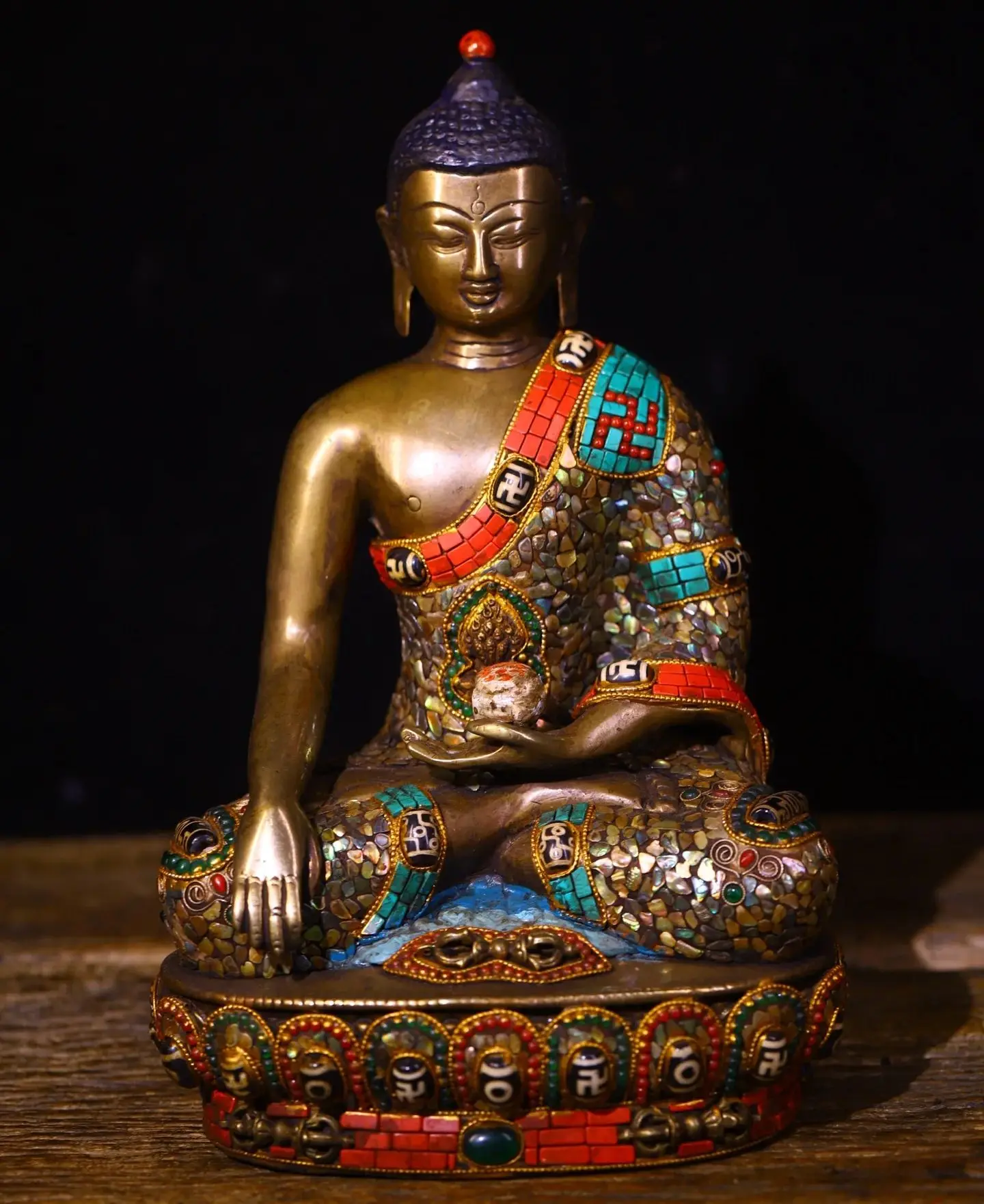 Old Lima Copper Painted Mosaic Gem gZi Beads Turquoise Shakyamuni Amitabha Buddha Sitting Buddha Lotus Throne Worship Hall