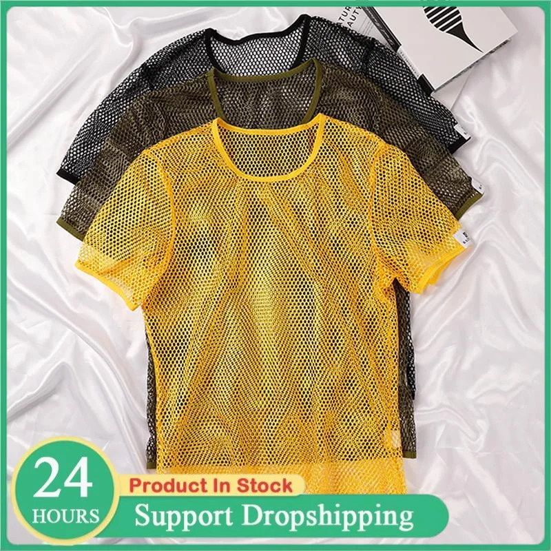 Summer Men's Hollow Out Mesh T-Shirt Cool Breathable Short Sleeve Trendy Streetwear Casual Tank Top European Style UnderShirts