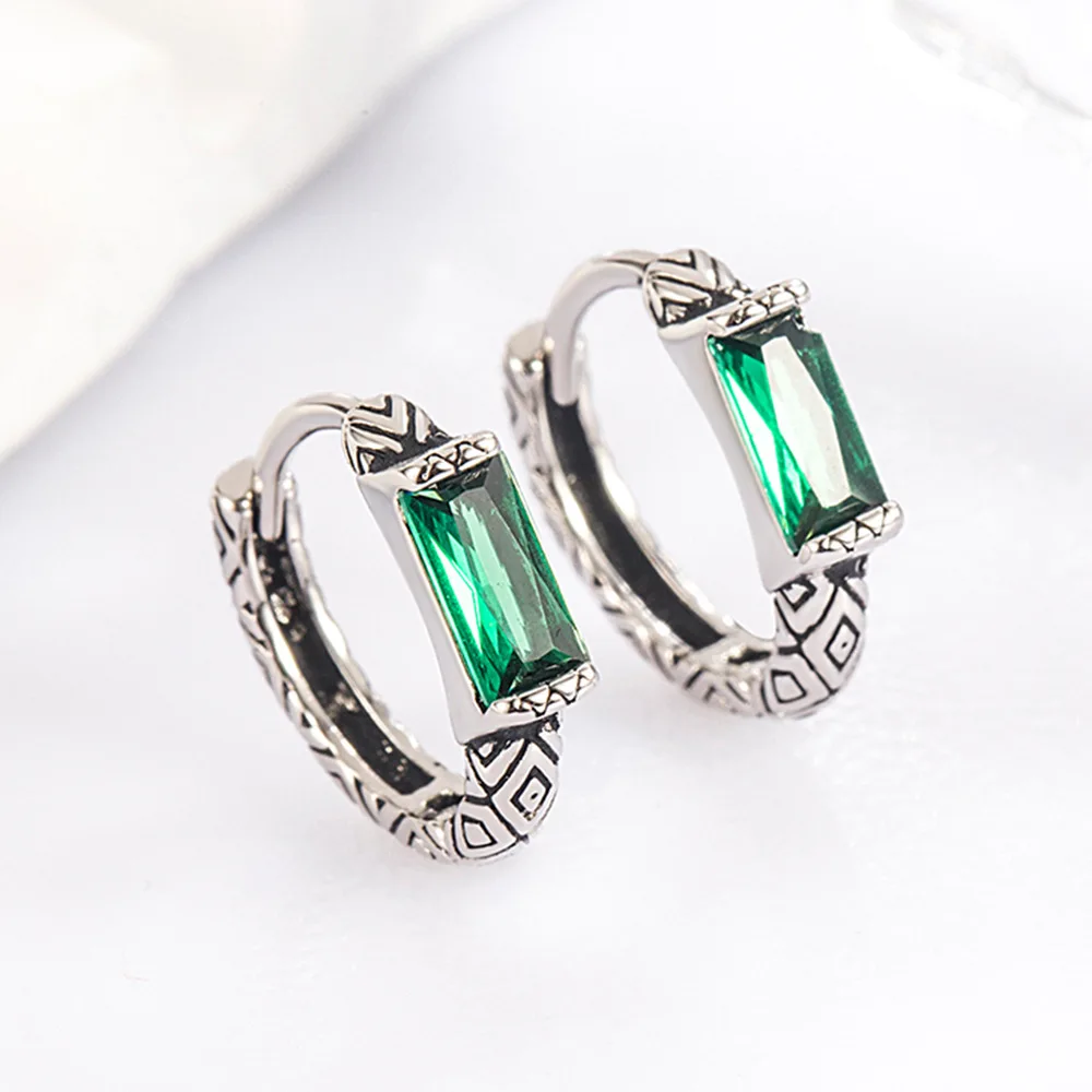 

925 Sterling Silver Vintage Simple Crater Textured Green Zircon Earrings Birthday Party Anniversary Gift