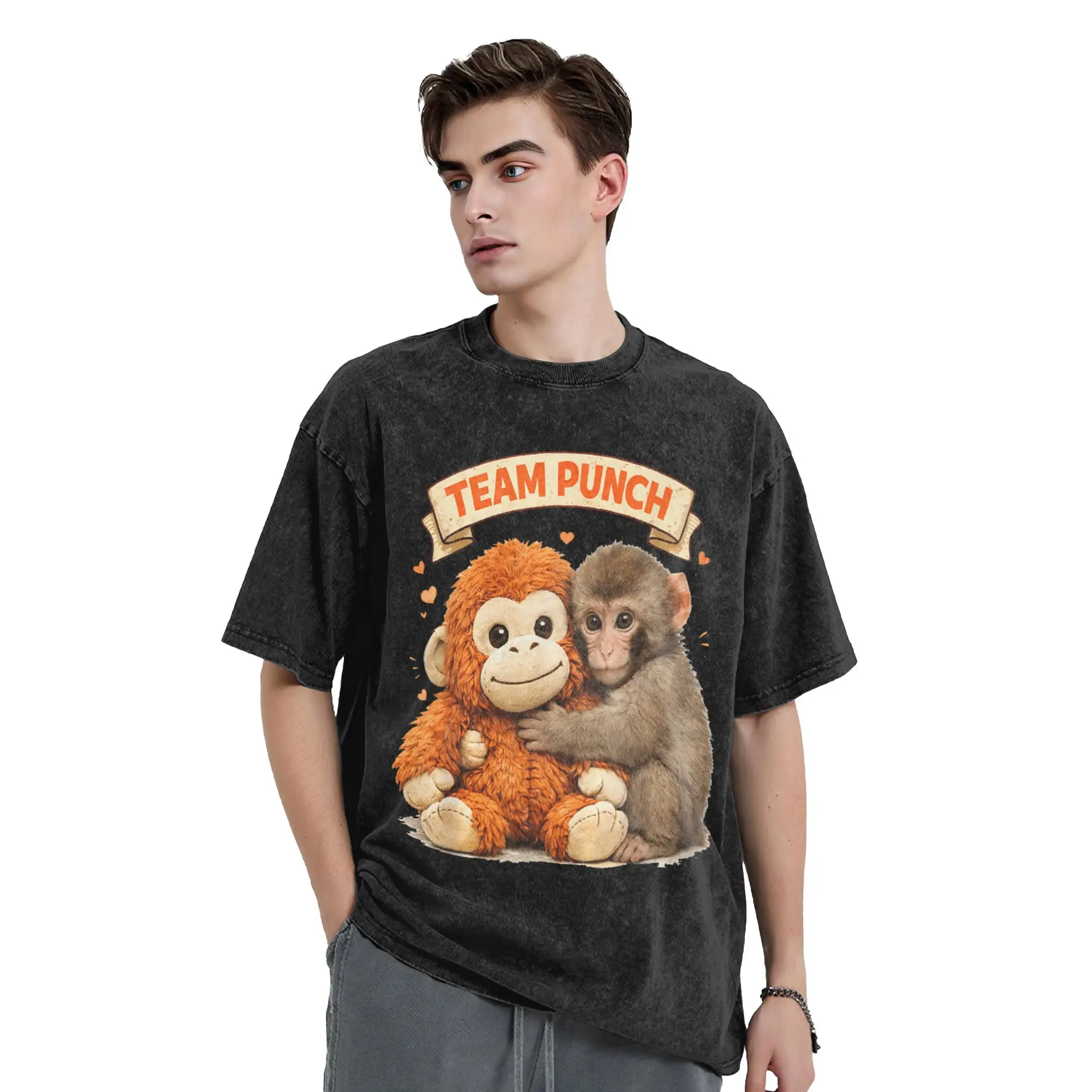 Leisure Cute Monkey Punch Panchi Kun Japan Baby Monkey Team T-Shirts for Men Round Collar Cotton  Tees Big Size Clothes