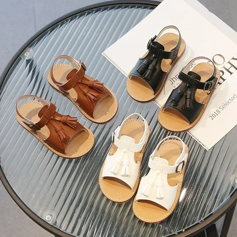 

Fashion Boy Girl Sandals Tassel Classic Open Toe Toddler Sliders Summer Daily Non-slip School Student Children Casual Flat Shoes