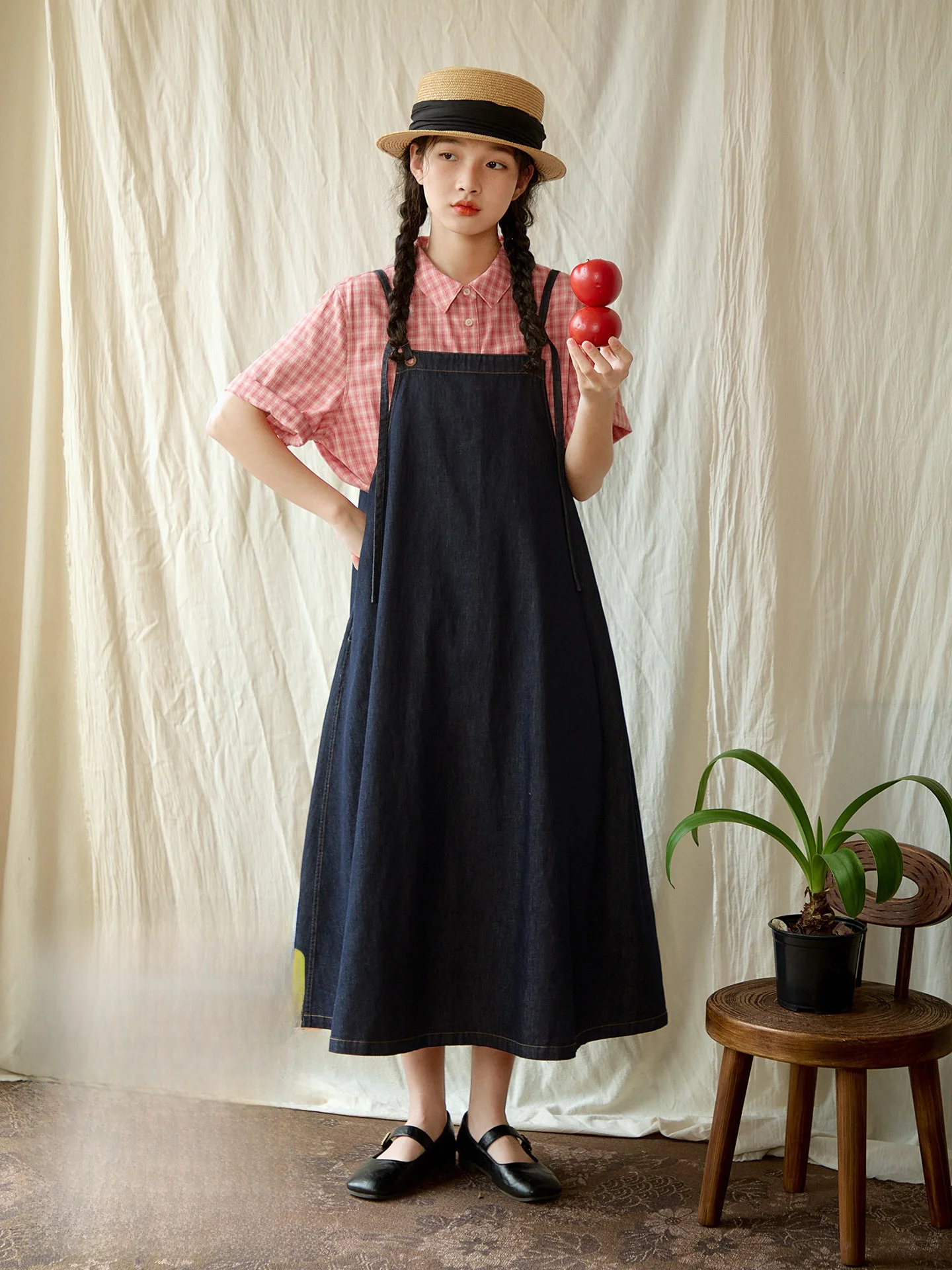 

Casual Cotton Denim Strap Dress Women's Loose Summer Midi Skirt Breathable Comfortable Original Japanese Style Loose Fit