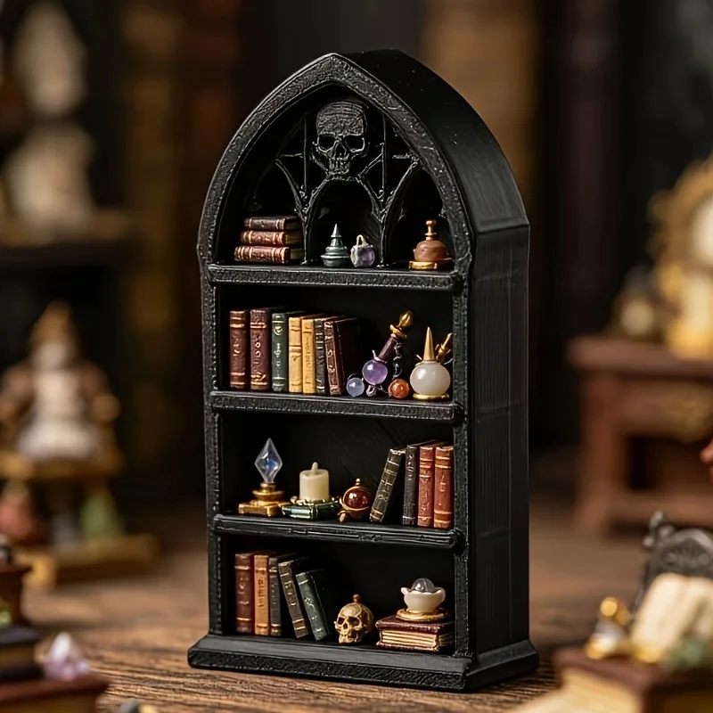 1/24 Gothic Mini Black Bookshelf Miniature,Dollhouse Dark Library Furniture Accessory,Arch Skull Carving Book Rack Prop for OB11