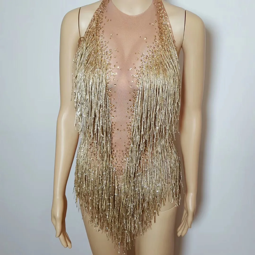 

Gold Shining Rhinestones Tassel Sleeveless Sexy Women Bodysuits Nightclub DJ Jazz Latin Clothing Prom Stage Singer Costume