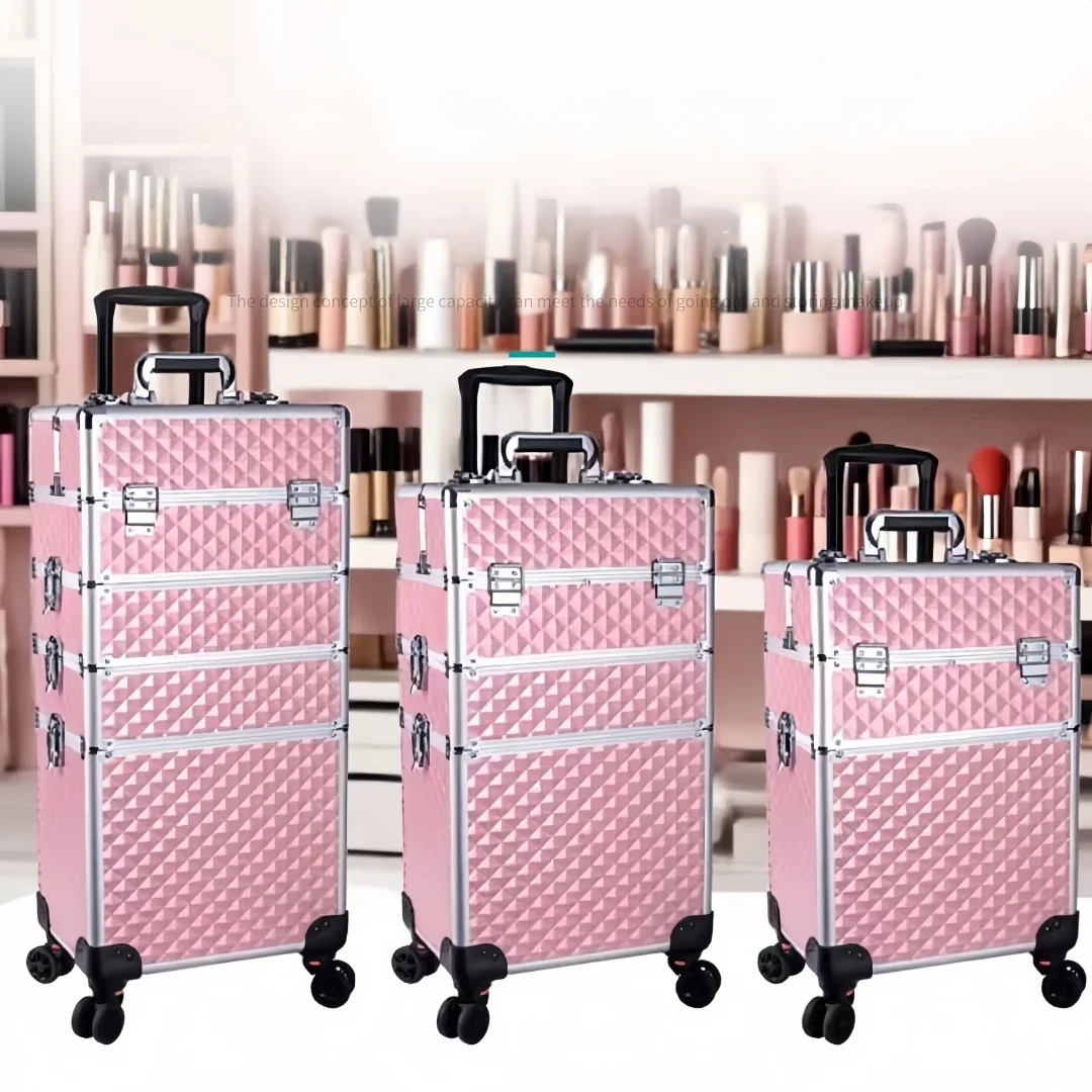 Rolling Makeup Train Case Cosmetology Case on Wheels 4 in 1 Large Cosmetic Organizer Box Makeup Travel Case With Key Nail Artist