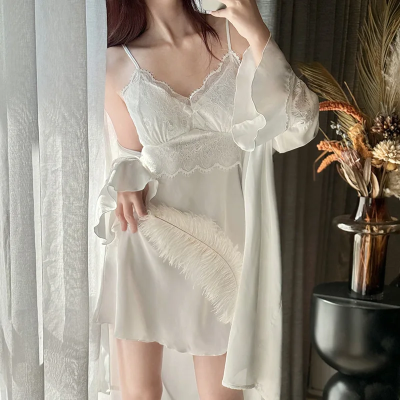 Lace Sexy Suspender Nightgowns Female Spring Summer Nightdress Satin Silk Home Clothing Thin Sleepwear Dress Set Women Bathrobe