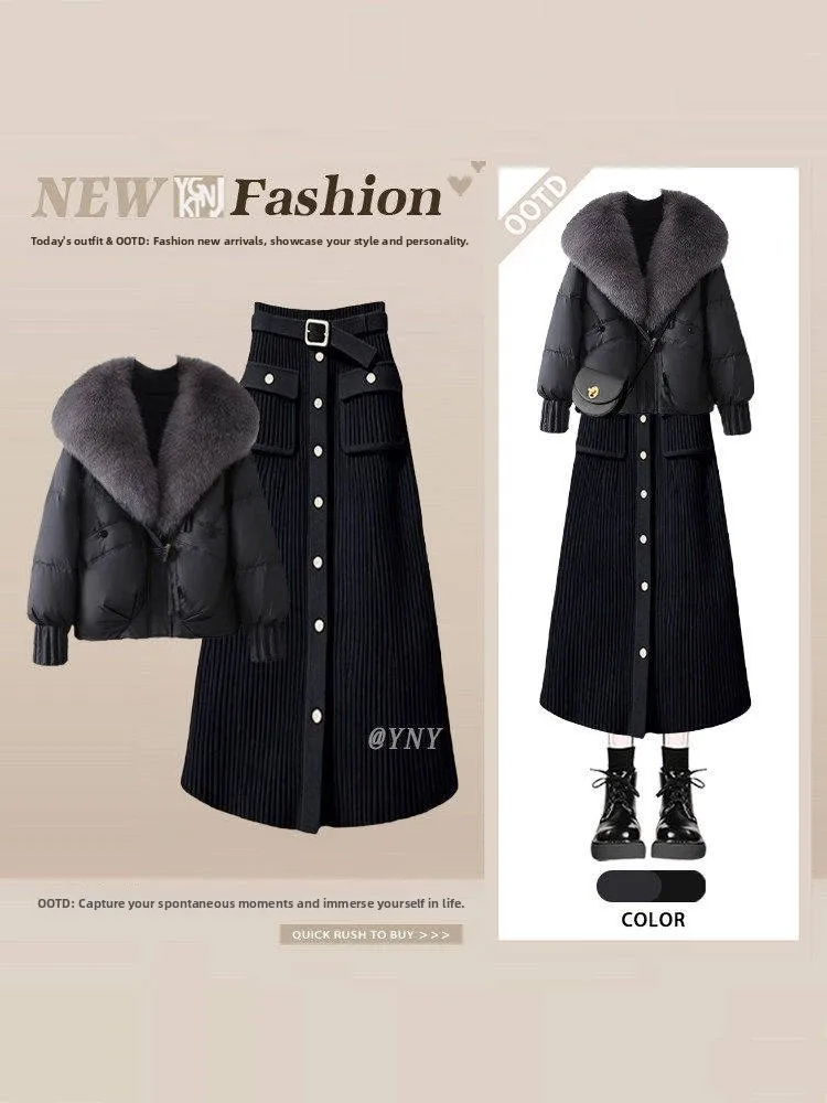 

Winter Warm Cotton Jacket Women's High Waist A-Line Skirt Set Loose Style Fashionable Outerwear with Fur Collar