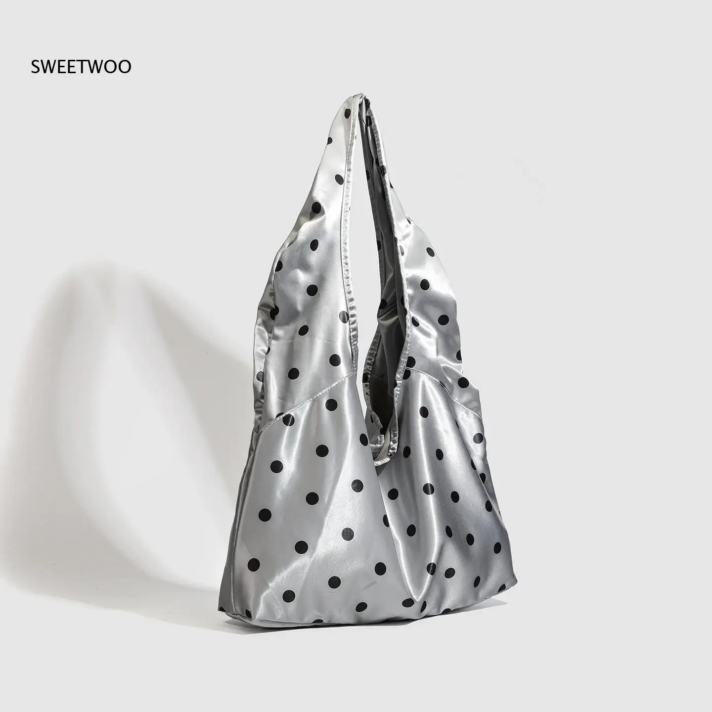 Vintage Silver Polka Dot Shoulder Bag Soft Satin Fabric With Oversized Hobo Silhouette Perfect For Y2K And Casual Looks