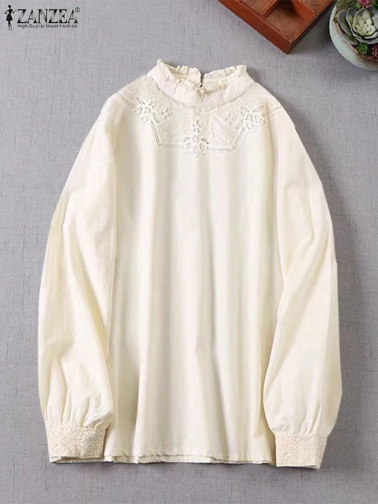 

Fashion Lace Stitching Stand Collar Blouse ZANZEA Elegant Solid Shirts Women Long Sleeve Spring Top 2025 Casual Commuting Tunics