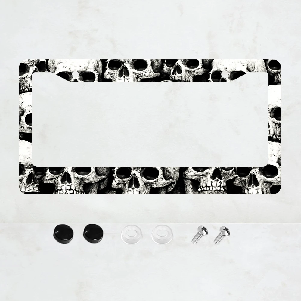 

Skull Pattern License Plate Frame - Gothic Black & White Car Tag Holder with Mounting Hardware