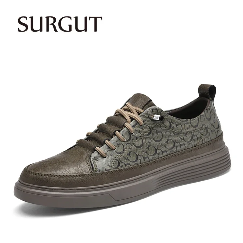 SURGUT Men Casual Shoes Split Leather Board Men Lightweight Soft Anti-skid Comfortable Lace Up Shoes Large Size 38-47