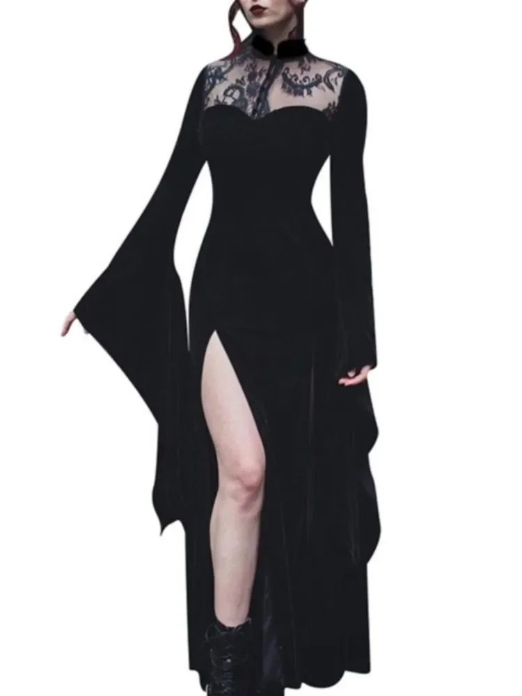 เดรสยาวสีดำทรงเอวสูง แขนบาน แต่งลูกไม้เว้าสไตล์โกธิค เหมาะสำหรับงานปาร์ตี้ฮาโลวีน แฟชั่นสตรีท สไตล์คลับแวร์