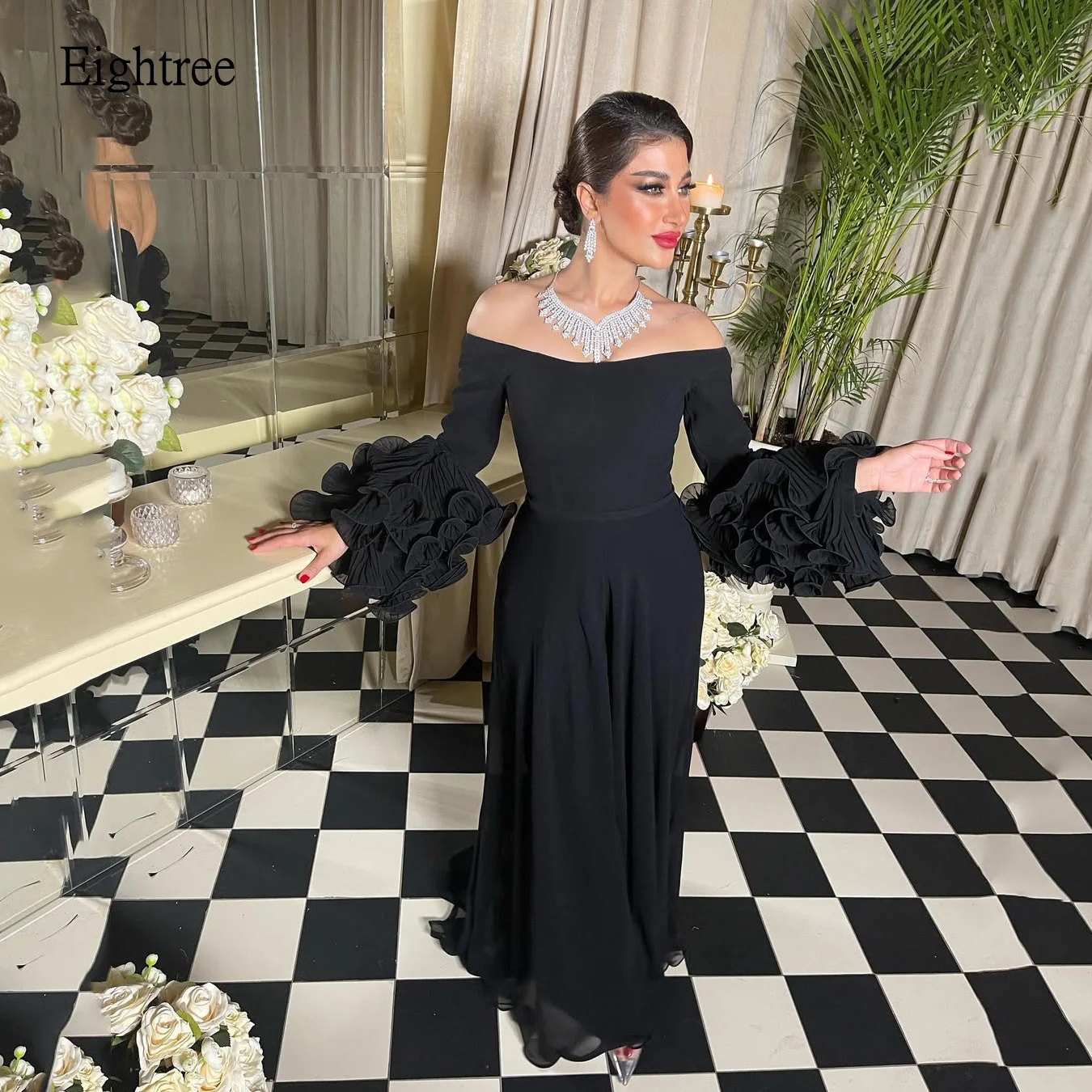 

Eightree Black A-line Prom Gowns Lace Sleeves Formal Party Gown Off The Shoulder Evening Dress vestidos de fiesta Customized